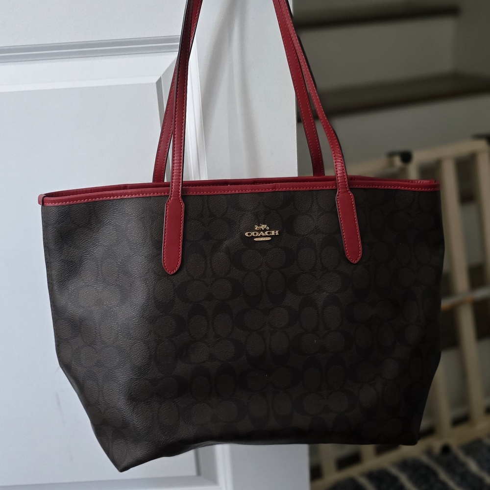 Coach Dark Brown and Red Tote Bag